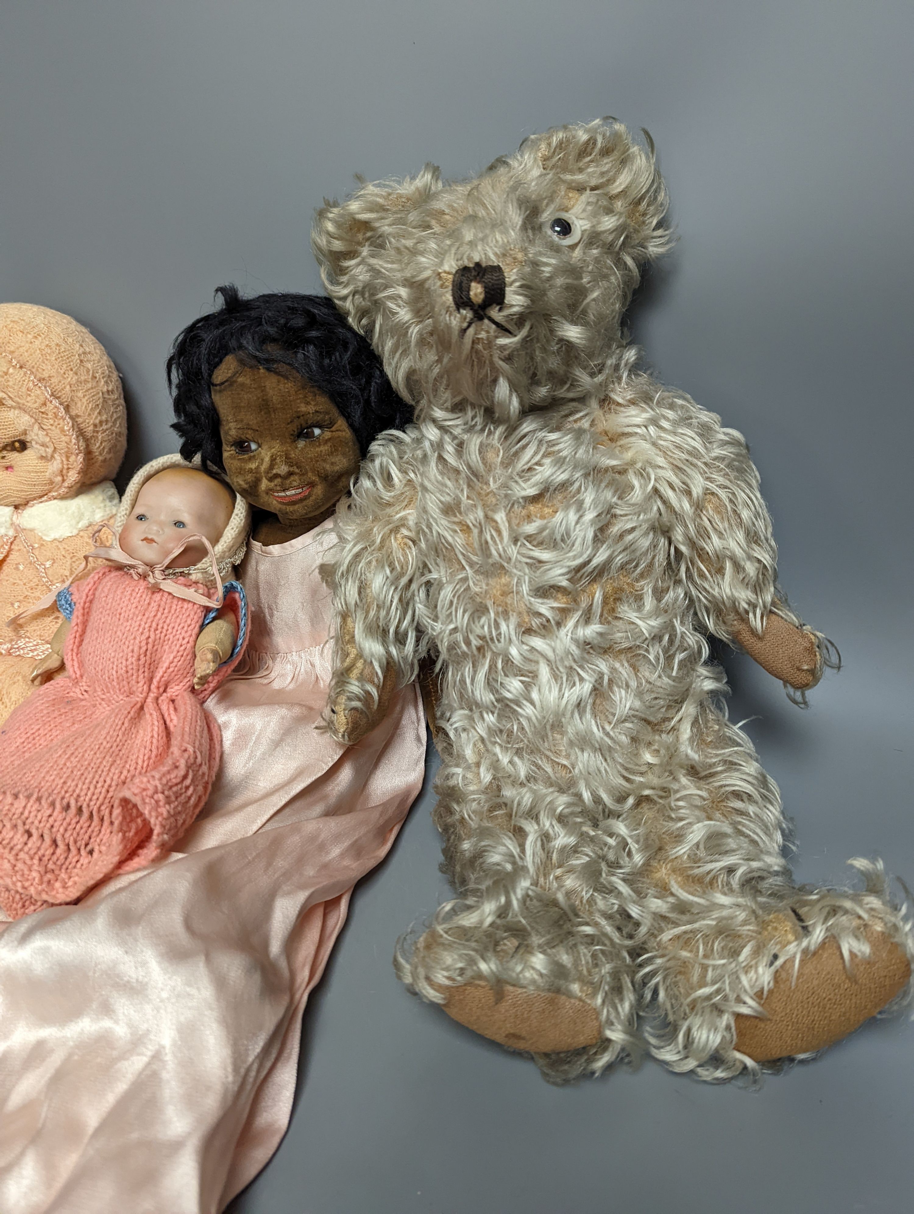 A Nora Wellings type mulatto doll and an Armmand Marseille doll 341, teddy etc, mulatto doll 43cms high